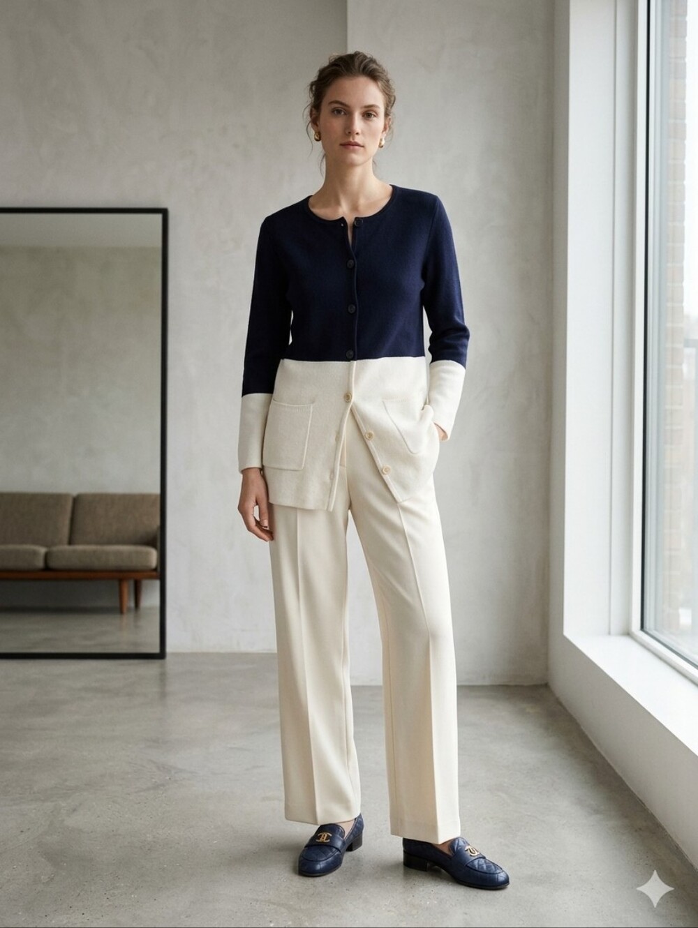 Colorblock Navy and Cream Button-Front Women's Cardigan